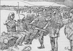 Eric gives quarter to a handsome Jomsviking after the battle of Hjörungavágr. Illustration by Christian Krohg.